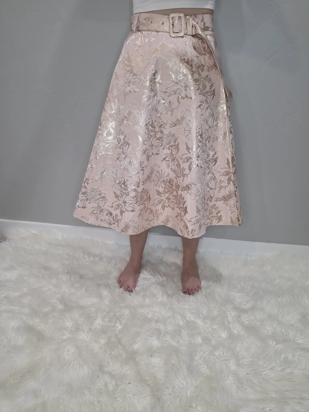 NWT MOTF Blush Pink Metallic Floral Midi Skirt with Belt